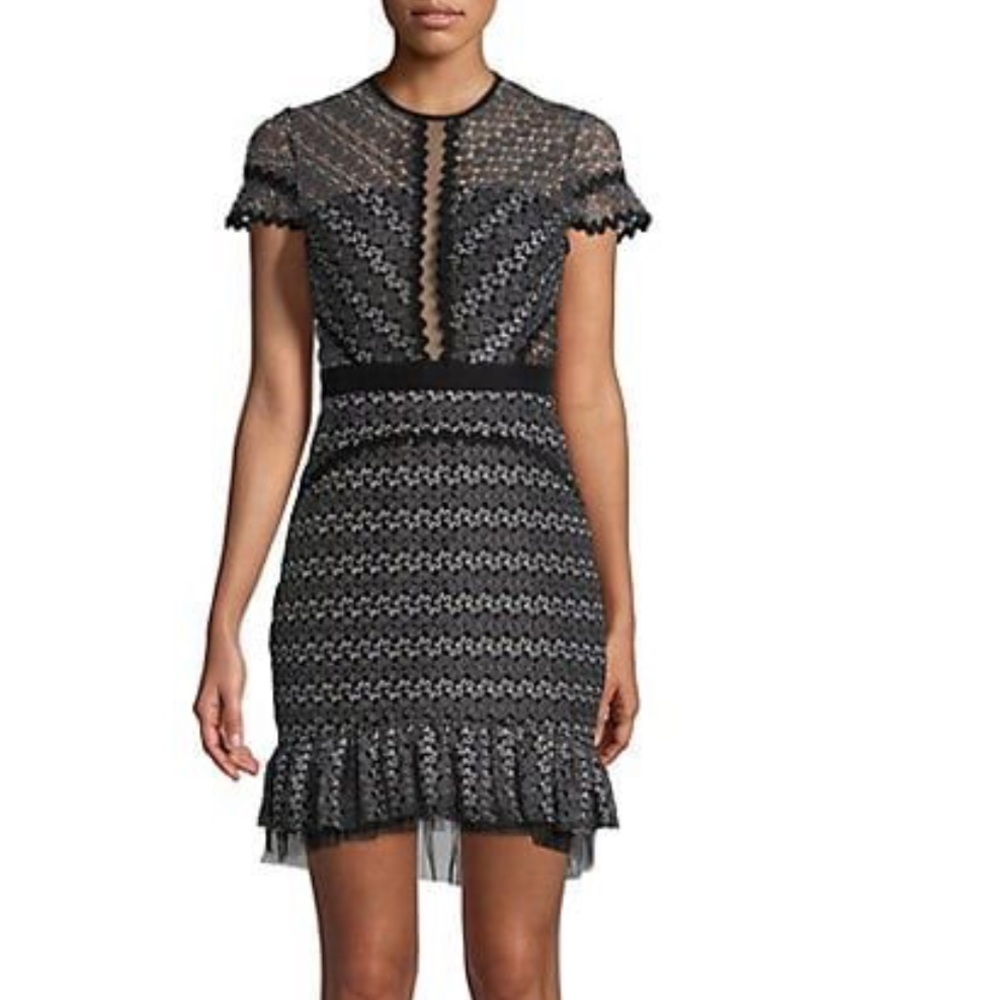 Few Moda Black Light of Day Lace Ruffle Mesh Flounce Cocktail Mini Dress size M